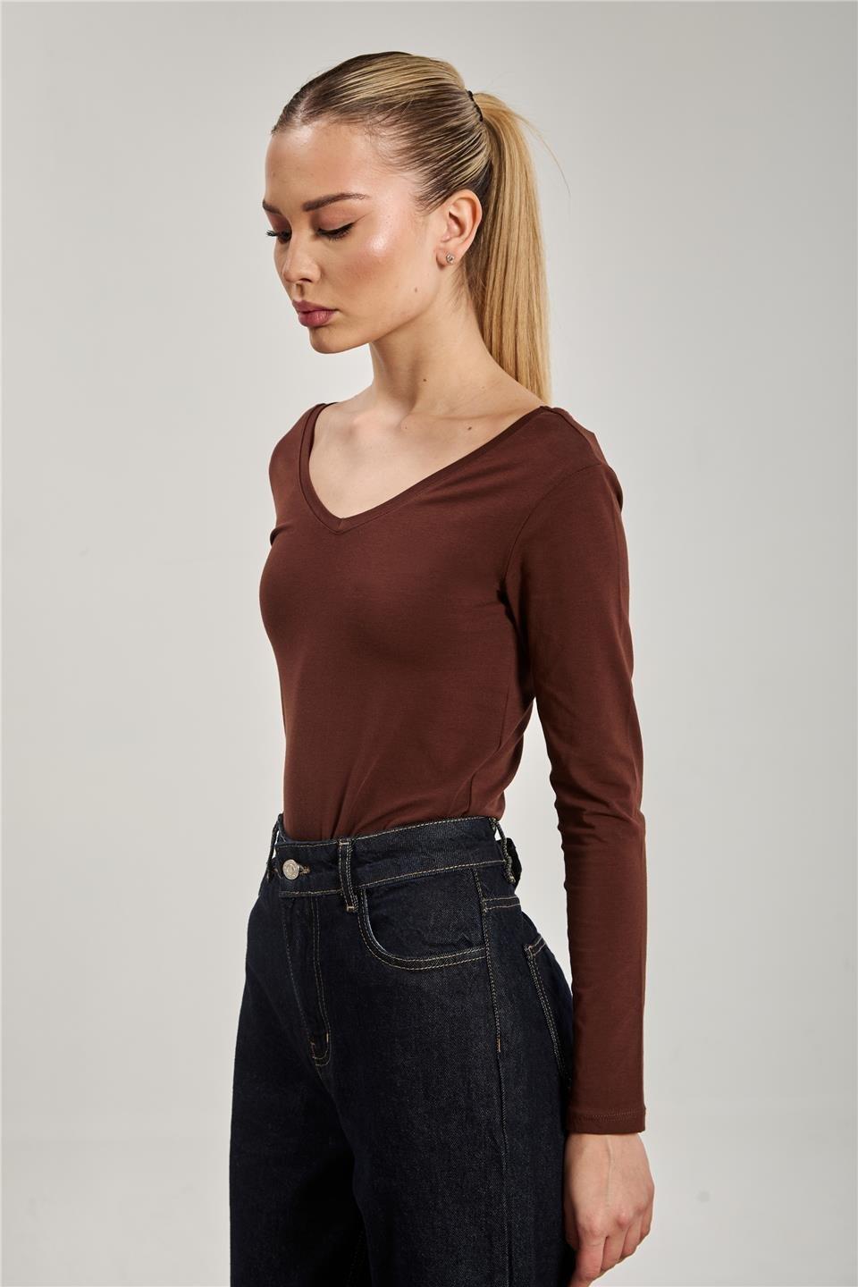 Ön arka v yaka uzun kol body-618-04 - Acı Kahve