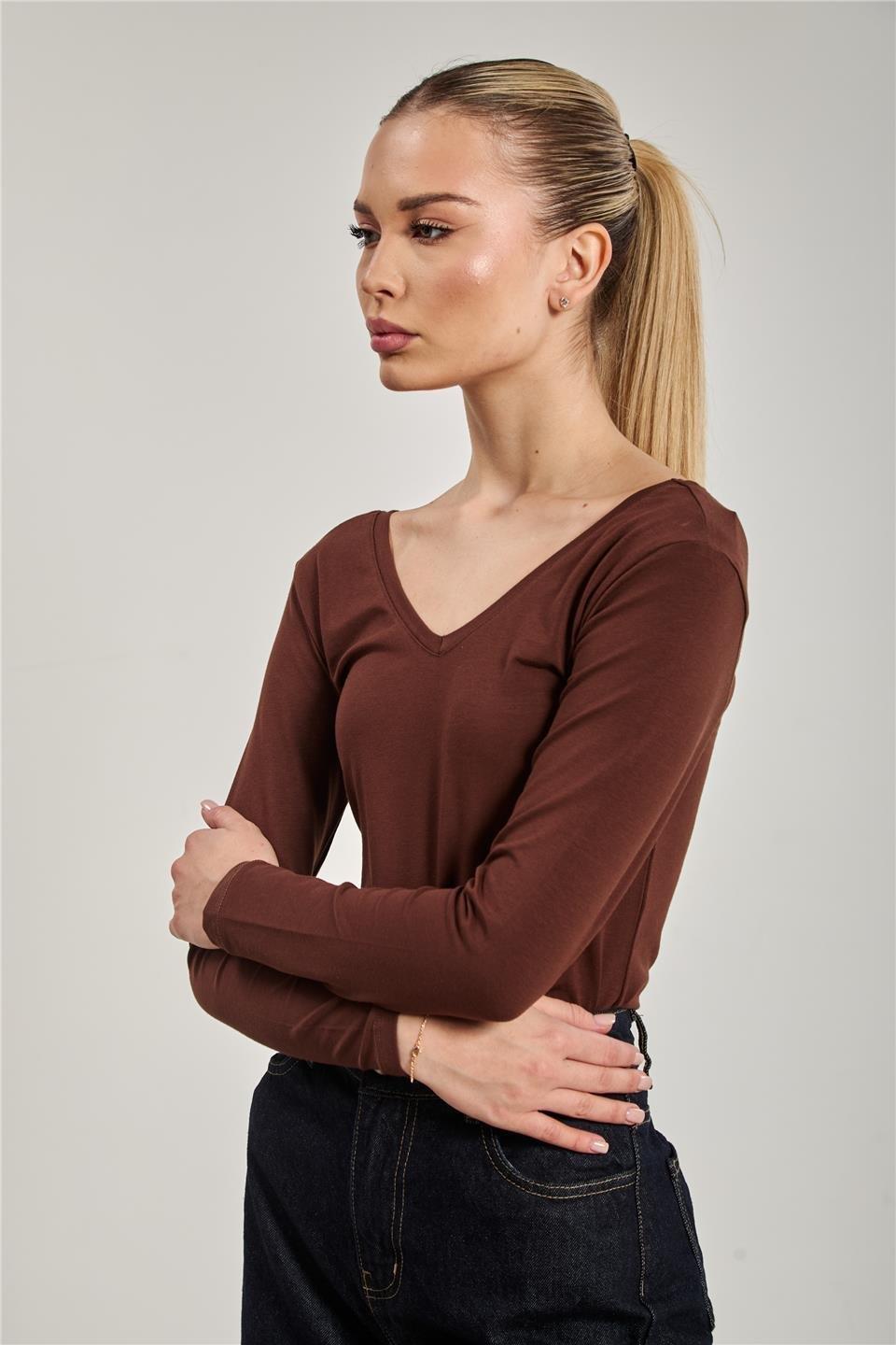 Ön arka v yaka uzun kol body-618-04 - Acı Kahve