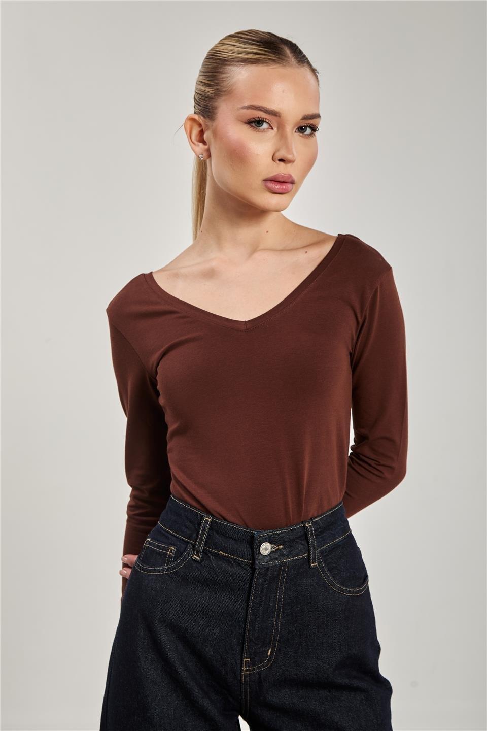 Ön arka v yaka uzun kol body-618-04 - Acı Kahve