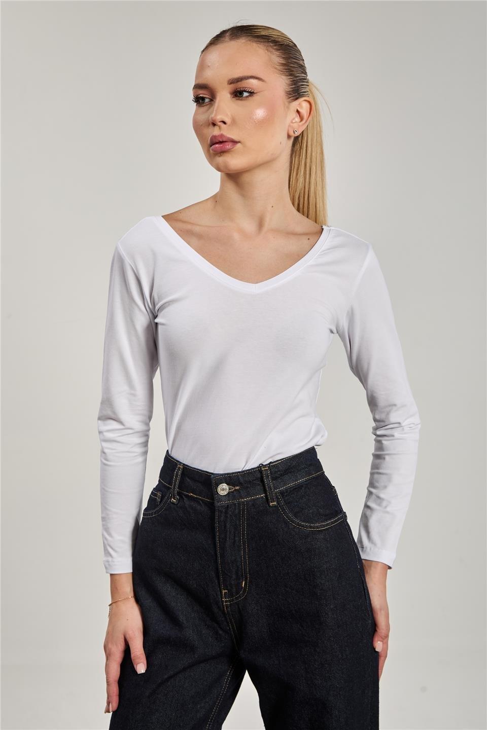 Ön arka v yaka uzun kol body-618-04 - Beyaz