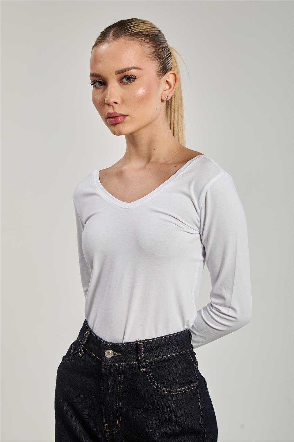Ön arka v yaka uzun kol body-618-04 - Beyaz