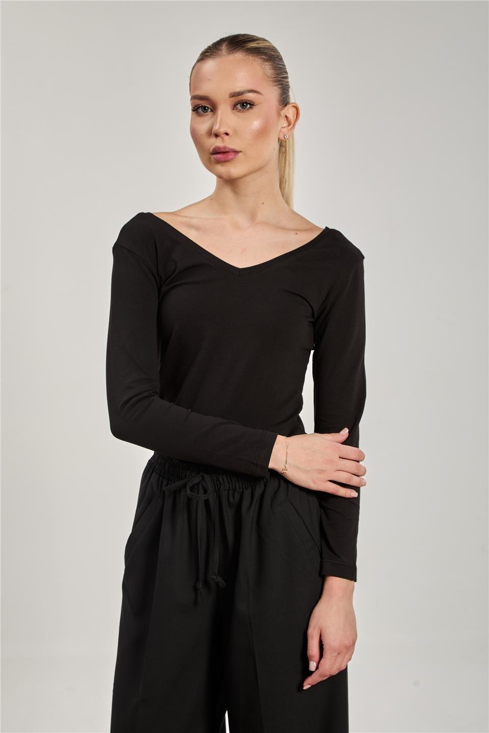 Ön arka v yaka uzun kol body-618-04 - Siyah