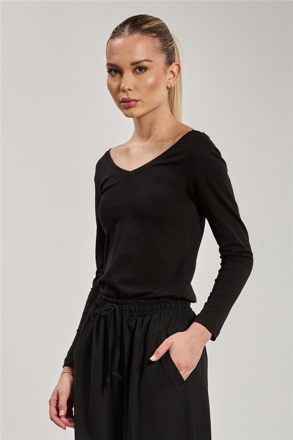 Ön arka v yaka uzun kol body-618-04 - Siyah