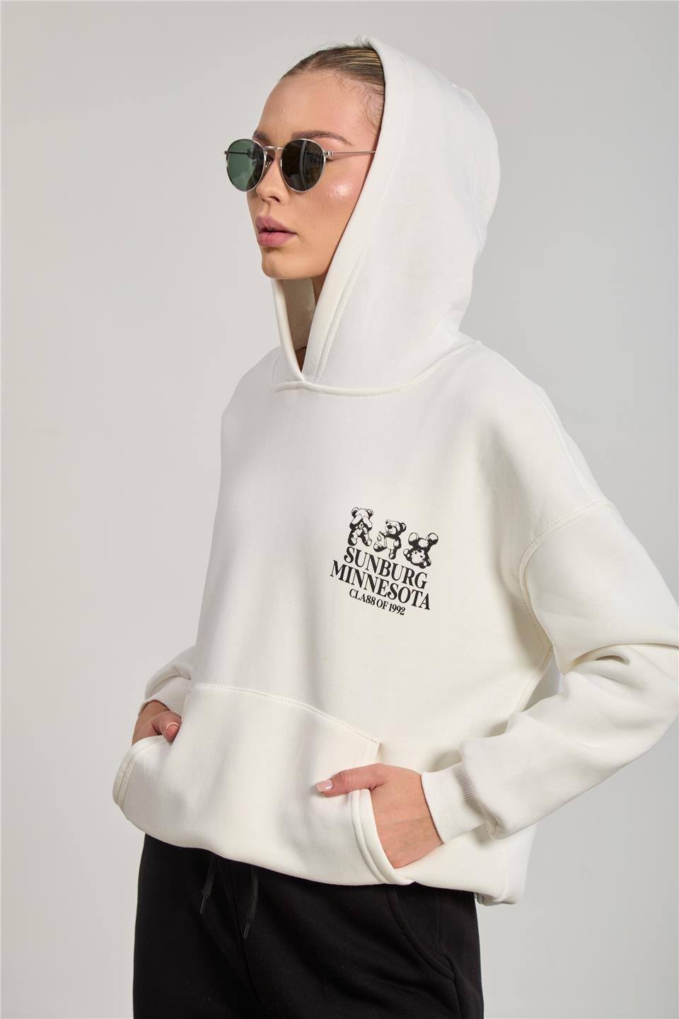 Ön ve arkası ayı baskılı kapüşonlu sweatshirt-DVN1253 - Ekru