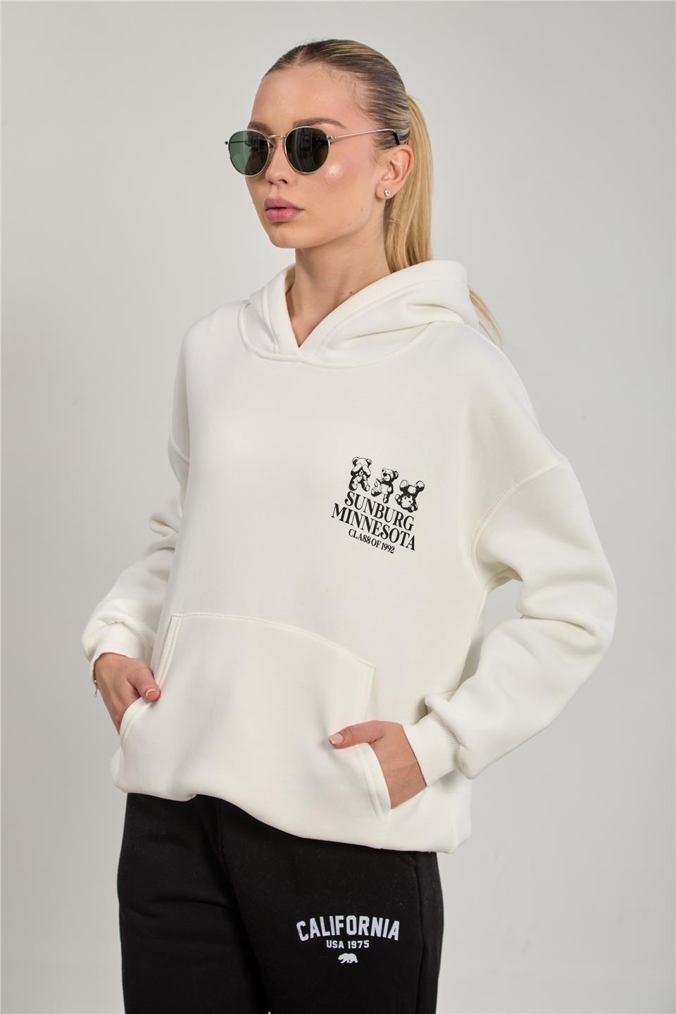 Ön ve arkası ayı baskılı kapüşonlu sweatshirt-DVN1253 - Ekru
