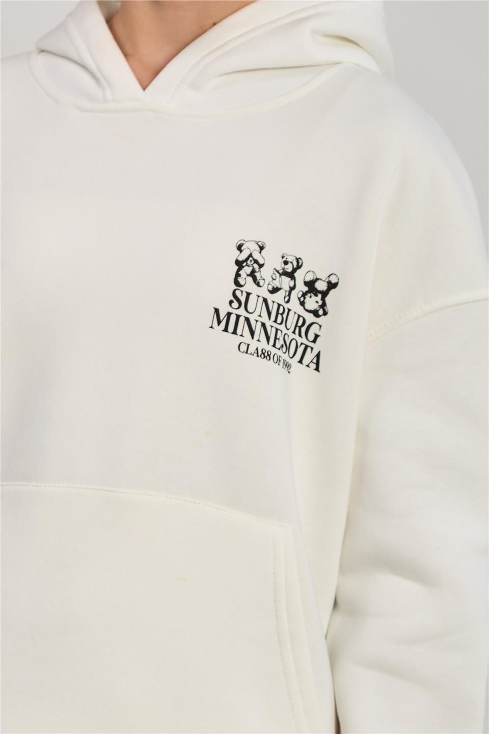 Ön ve arkası ayı baskılı kapüşonlu sweatshirt-DVN1253 - Ekru