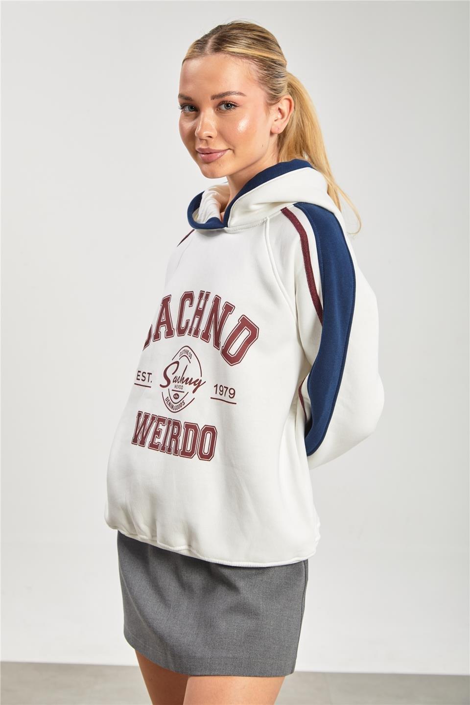 Önü baskılı kolları biyeli kapüşonlu sweatshirt-DVN1249 - Ekru