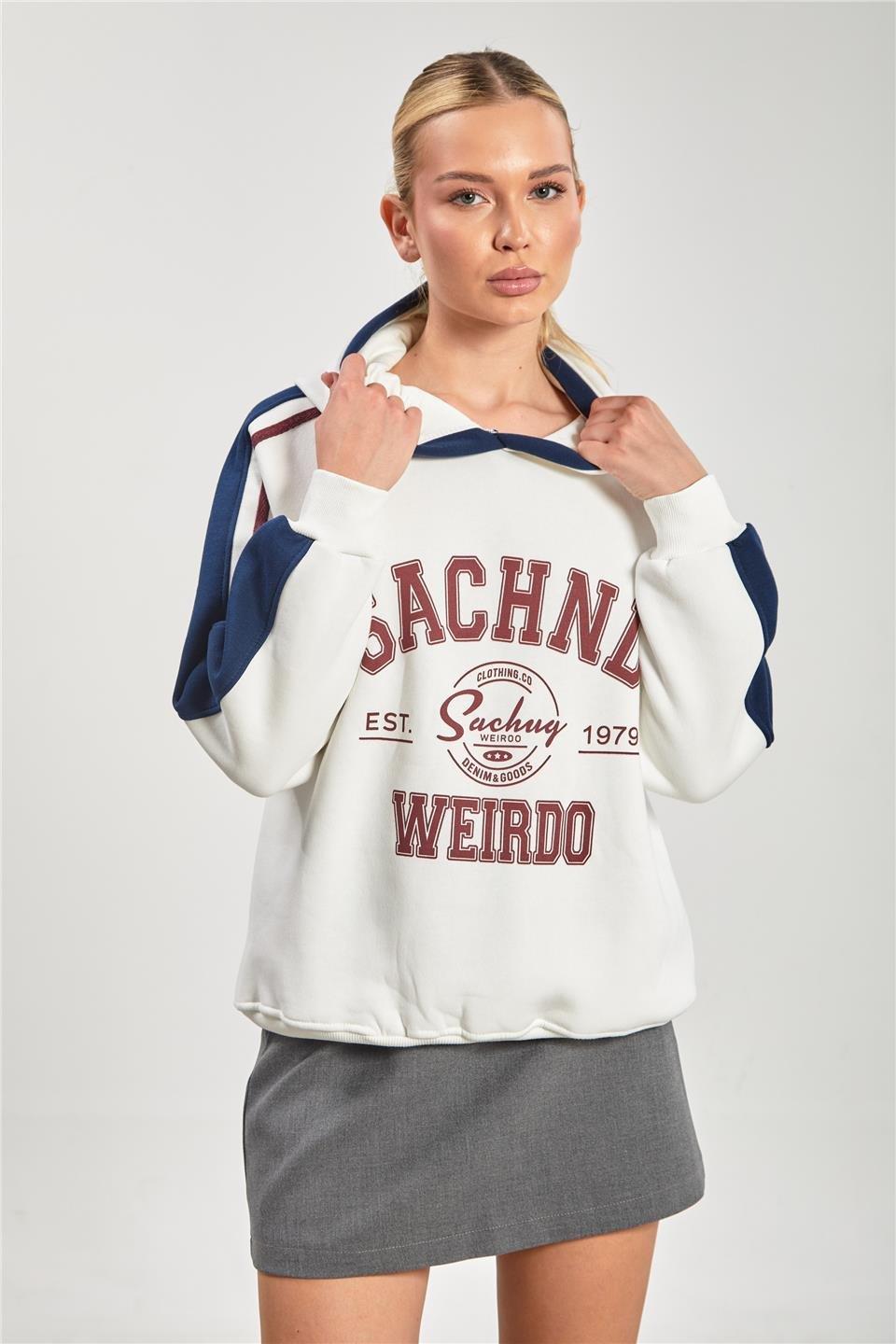 Önü baskılı kolları biyeli kapüşonlu sweatshirt-DVN1249 - Ekru