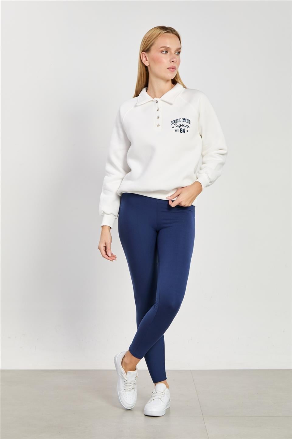 Önü düğmeli polo yaka sweatshirt-DVN1342 - Ekru