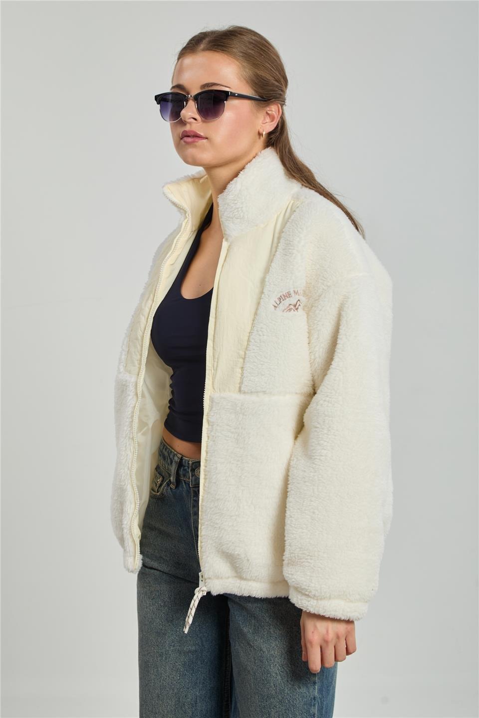 Önü paraşüt detaylı peluş mont-5194 - Ekru