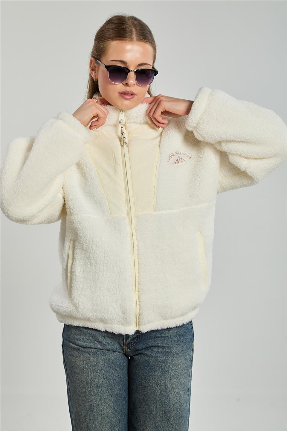 Önü paraşüt detaylı peluş mont-5194 - Ekru