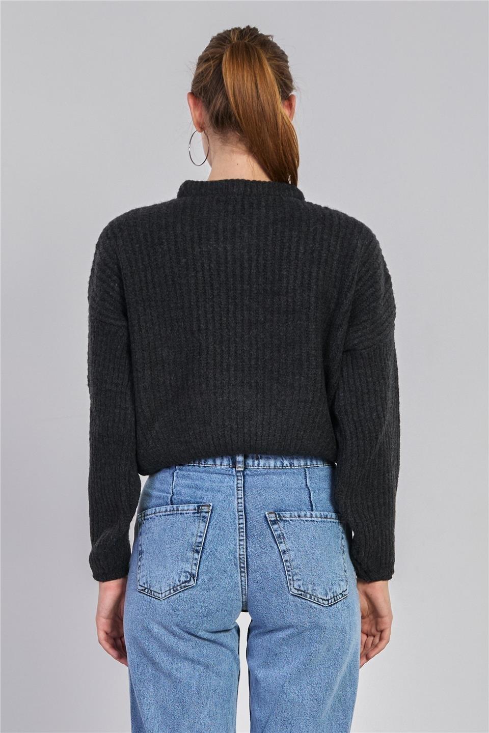 Örgülü crop kazak-6631 - Antrasit