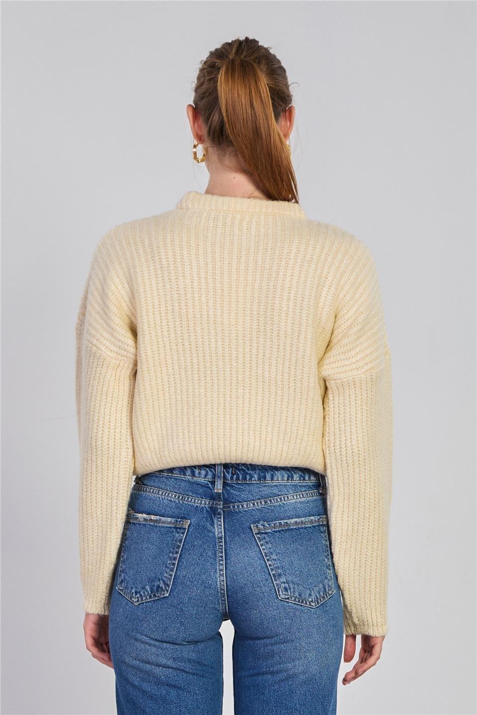 Örgülü crop kazak-6631 - Taş