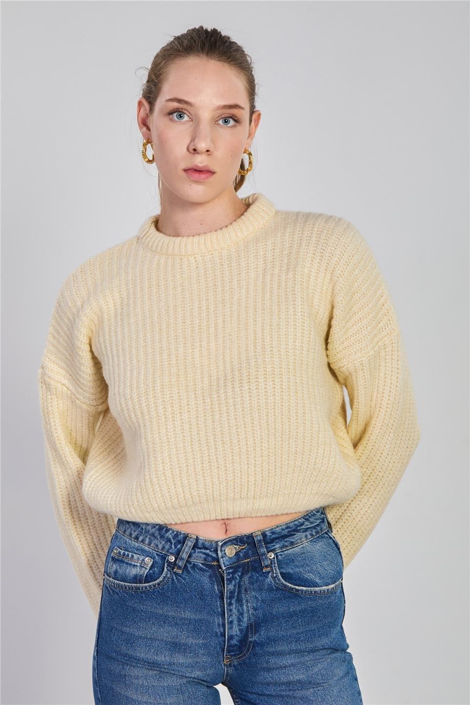 Örgülü crop kazak-6631 - Taş