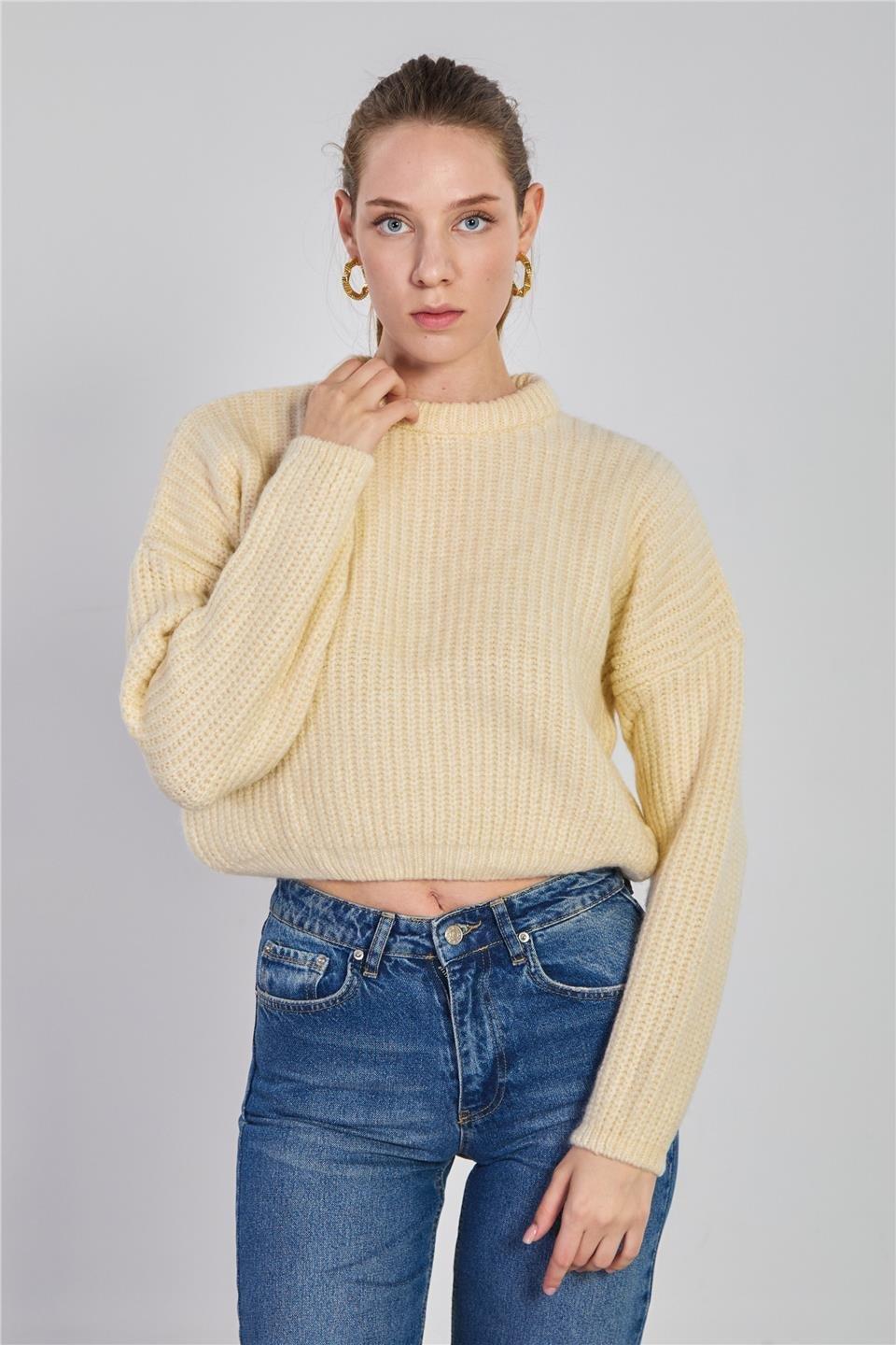 Örgülü crop kazak-6631 - Taş