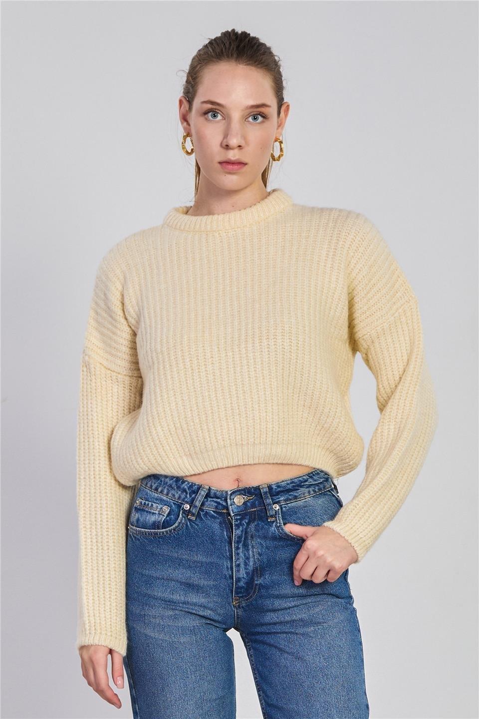 Örgülü crop kazak-6631 - Taş