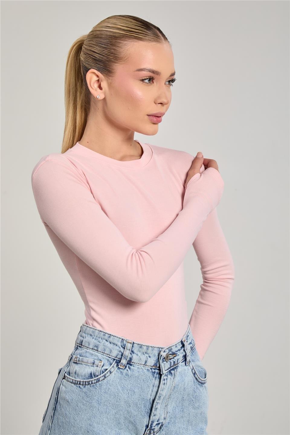 Parmak geçmeli uzun kol body-4704 - Toz Pembe