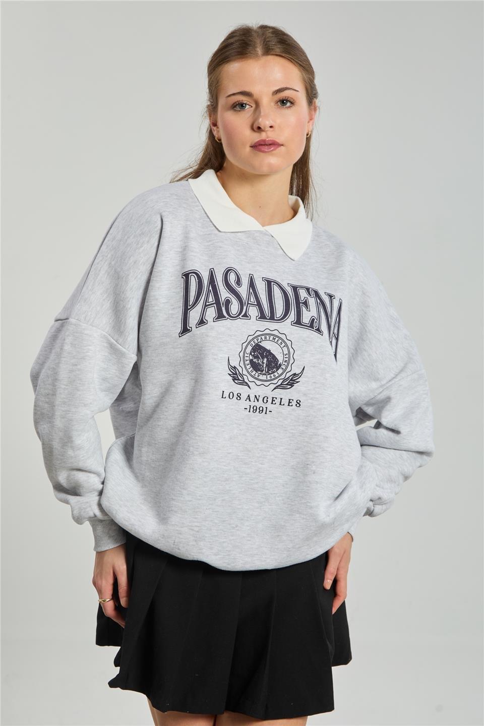 Pasadena yazılı polo yaka sweatshirt-DVN1324 - Kar Melanj