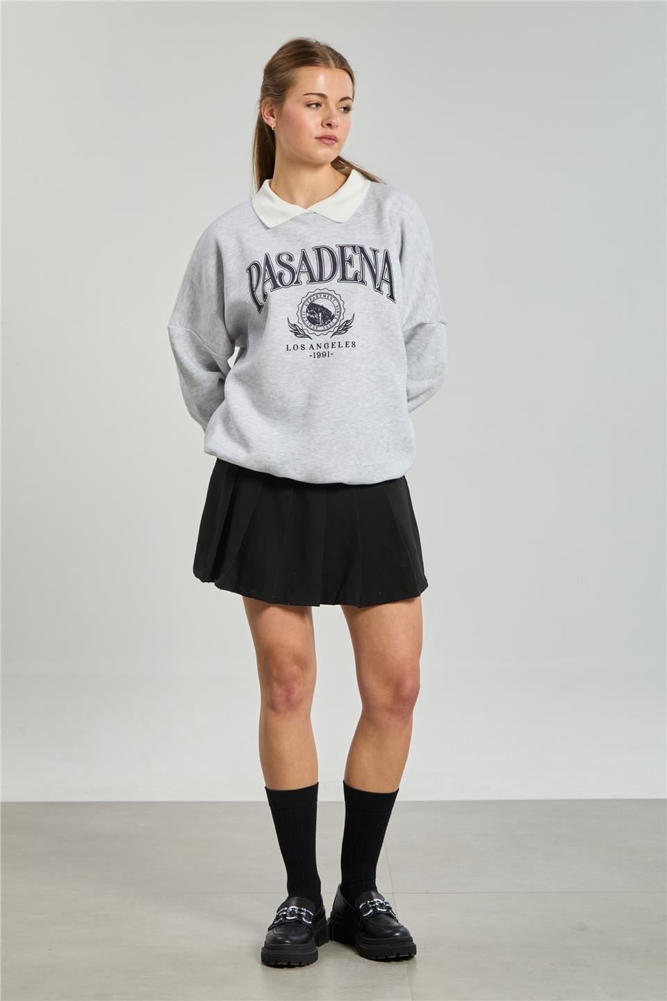 Pasadena yazılı polo yaka sweatshirt-DVN1324 - Kar Melanj