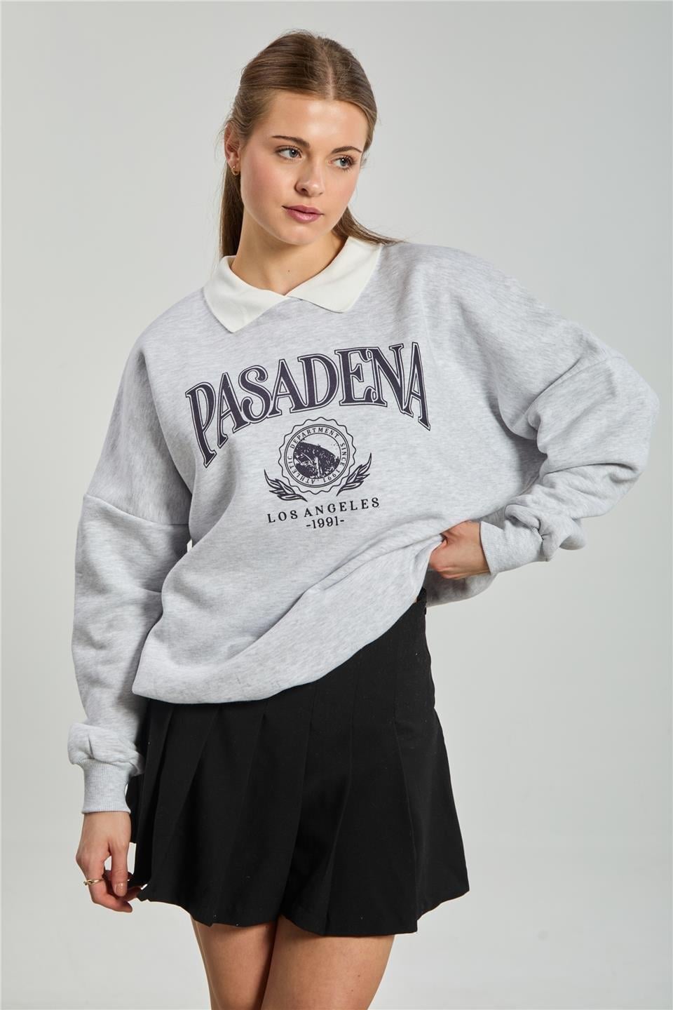 Pasadena yazılı polo yaka sweatshirt-DVN1324 - Kar Melanj