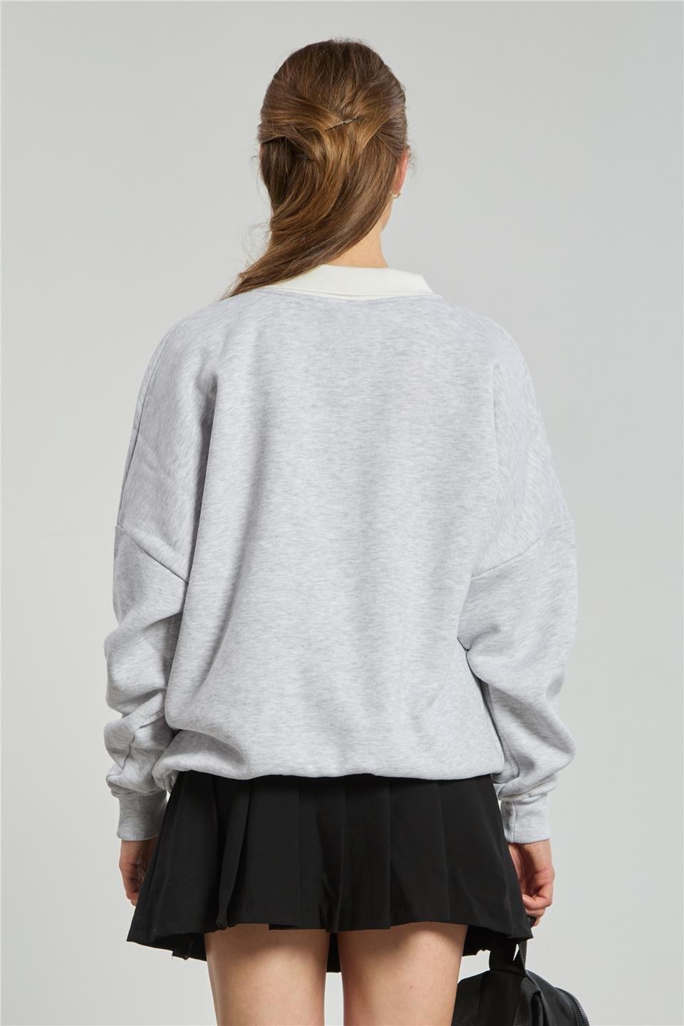 Pasadena yazılı polo yaka sweatshirt-DVN1324 - Kar Melanj