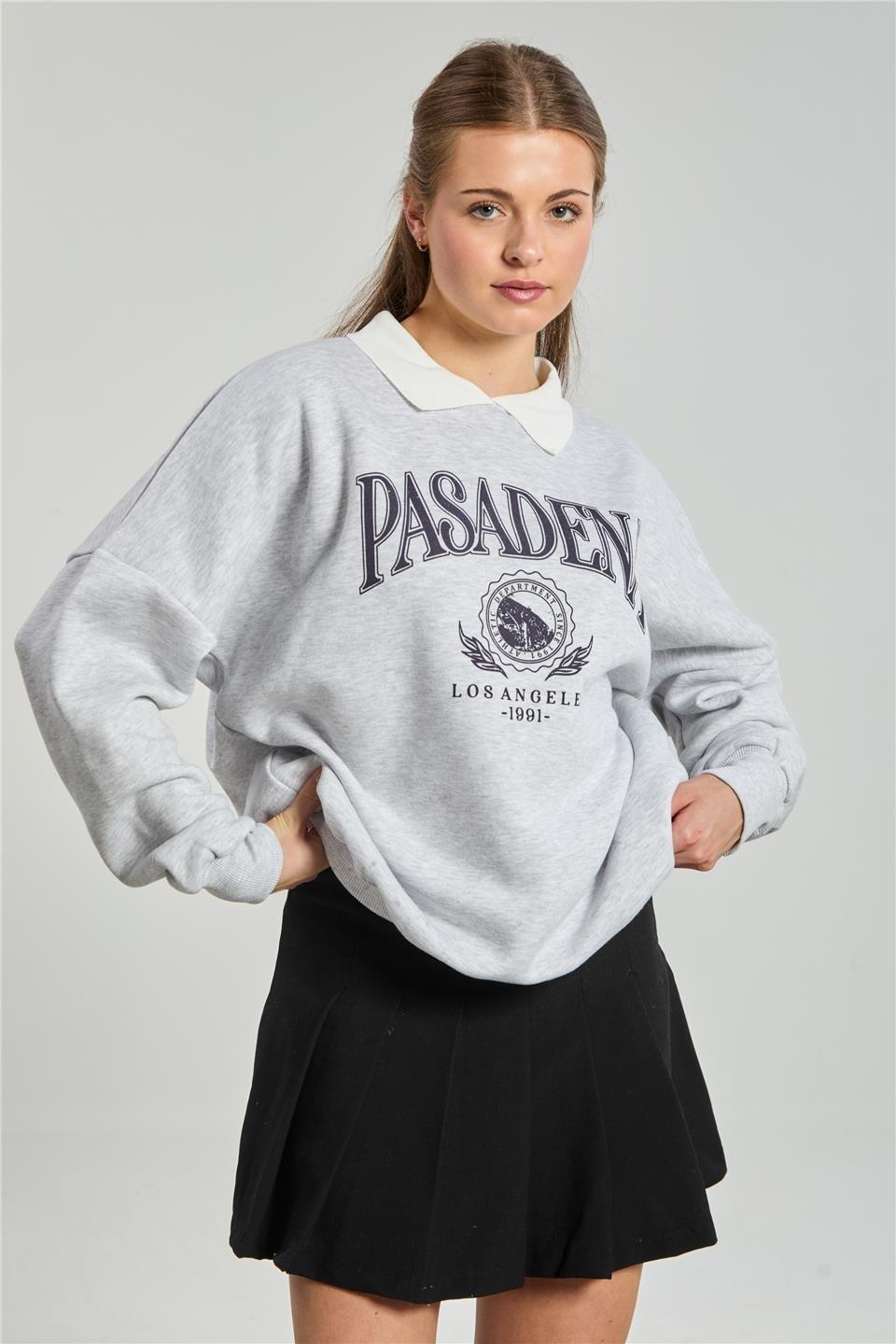 Pasadena yazılı polo yaka sweatshirt-DVN1324 - Kar Melanj