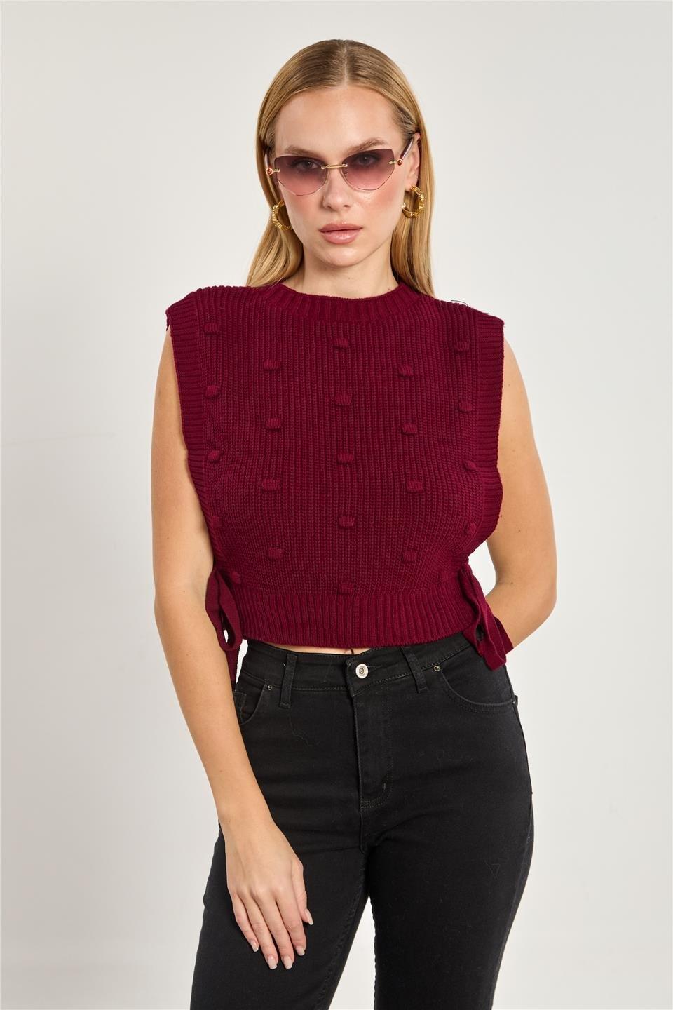 Ponpon detaylı bağlamalı süveter-6639 - Bordo