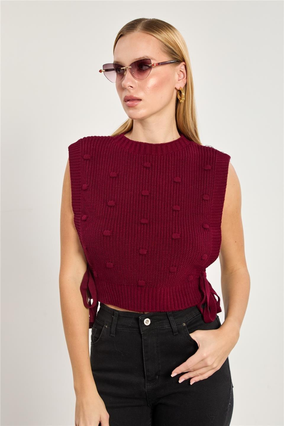 Ponpon detaylı bağlamalı süveter-6639 - Bordo
