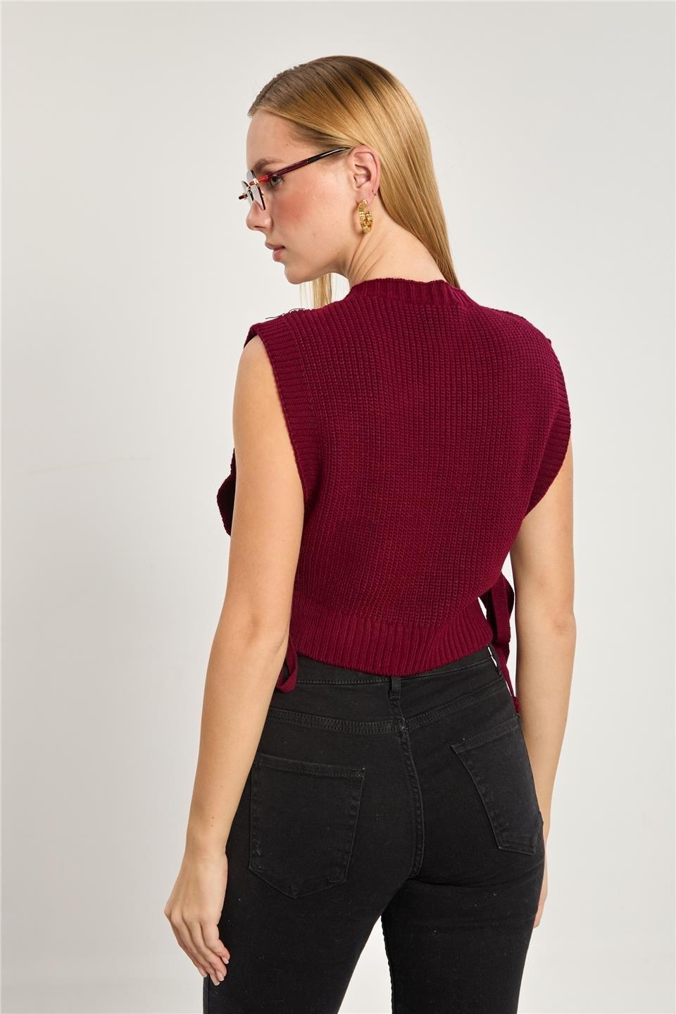 Ponpon detaylı bağlamalı süveter-6639 - Bordo