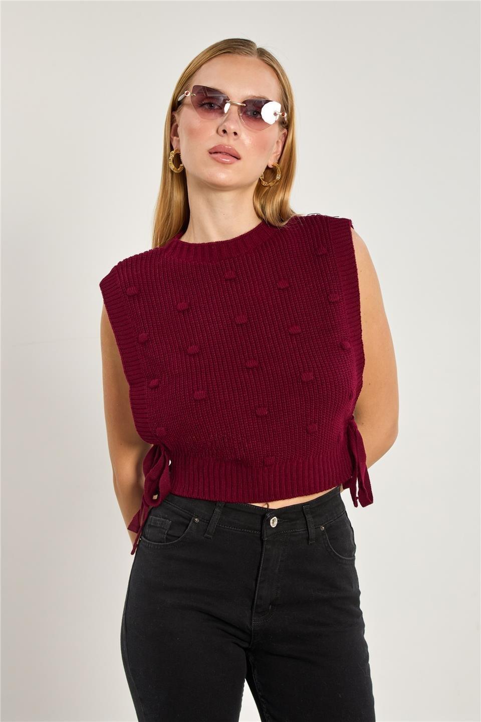 Ponpon detaylı bağlamalı süveter-6639 - Bordo