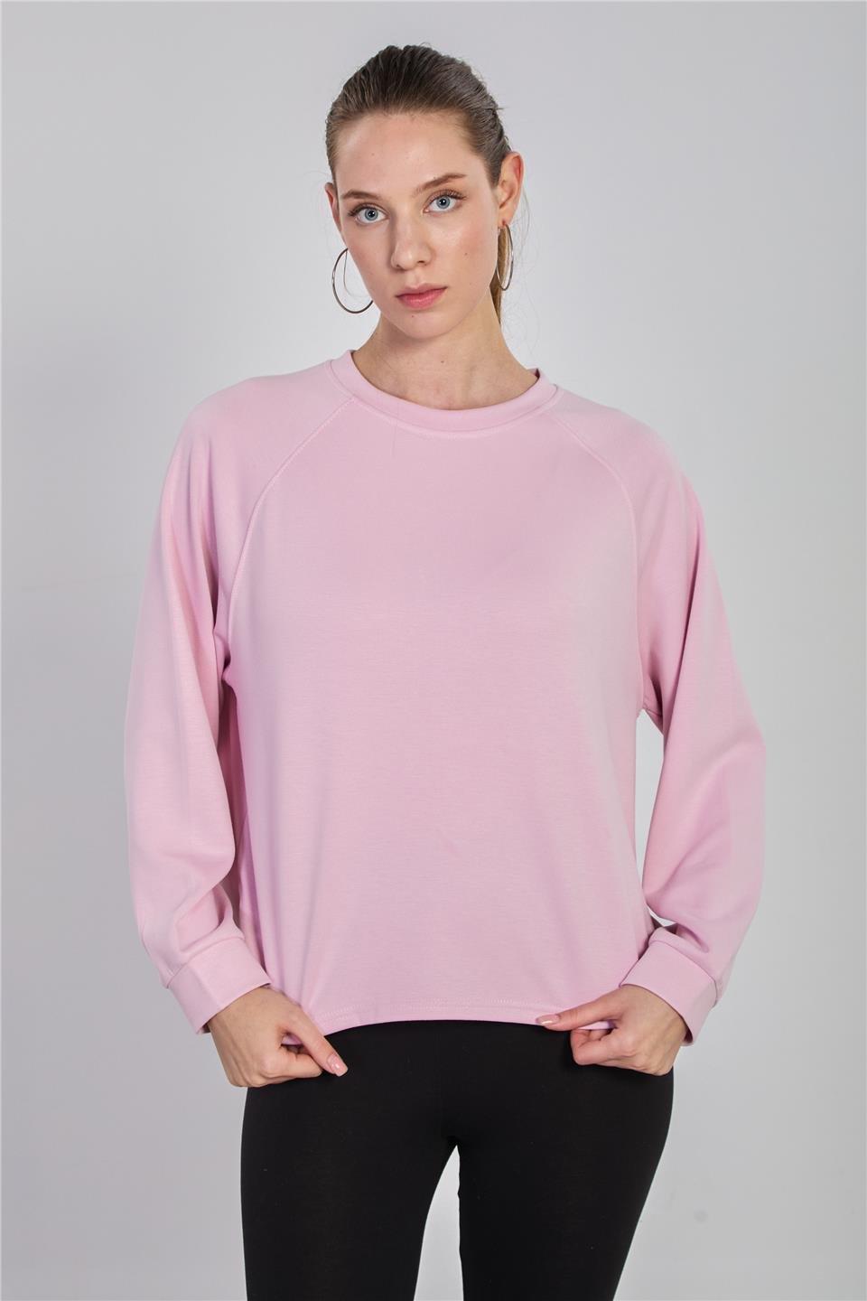 Reglon kol bisiklet yaka sweatshirt-5586 - Açık Pembe