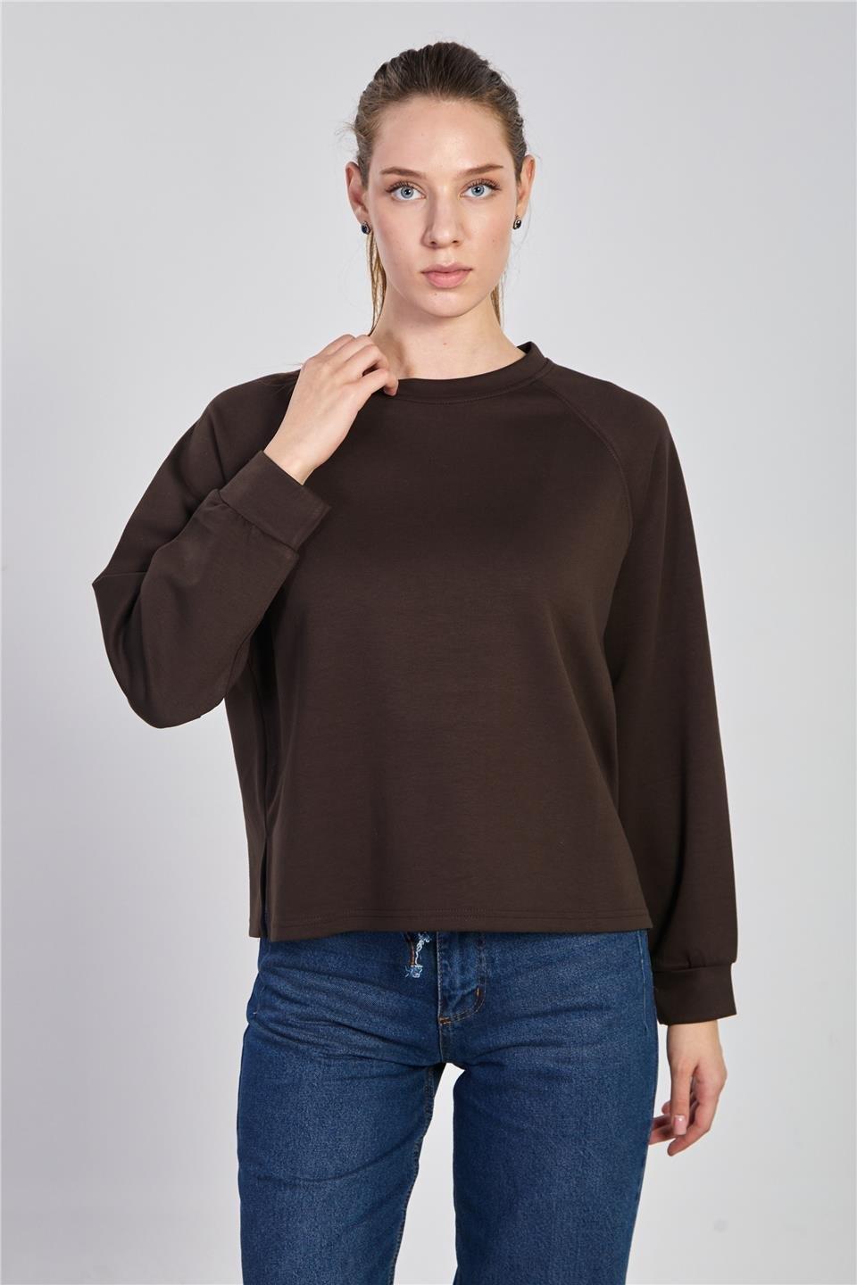 Reglon kol bisiklet yaka sweatshirt-5586 - Kahve