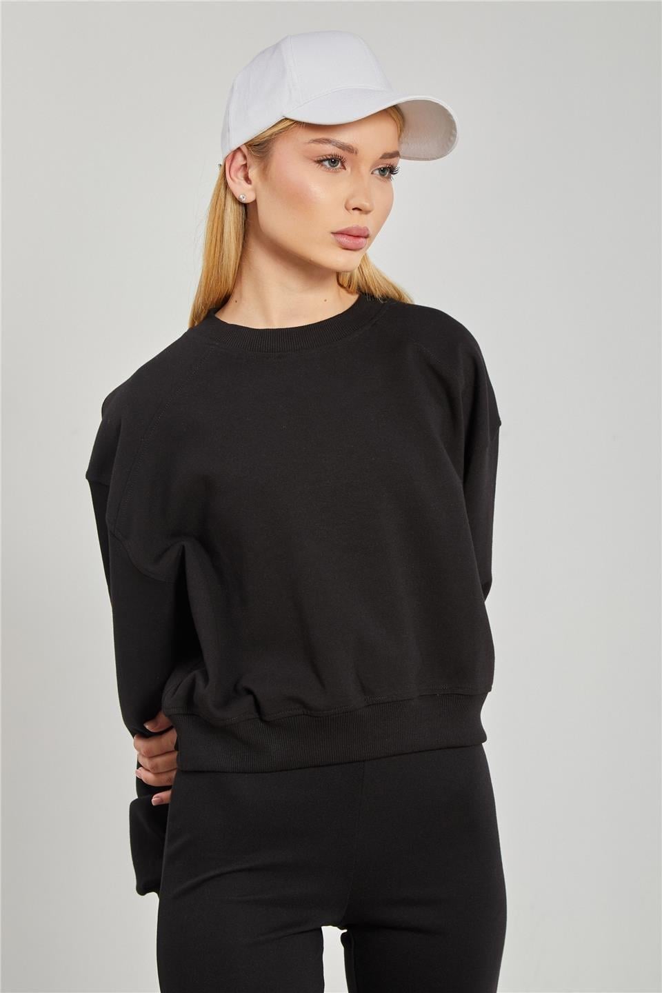 Reglon kol kısa sweatshirt-10699 - Siyah