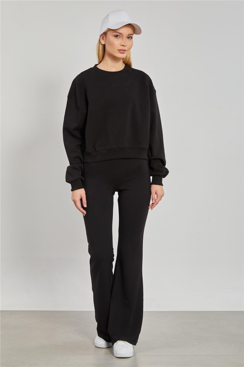 Reglon kol kısa sweatshirt-10699 - Siyah