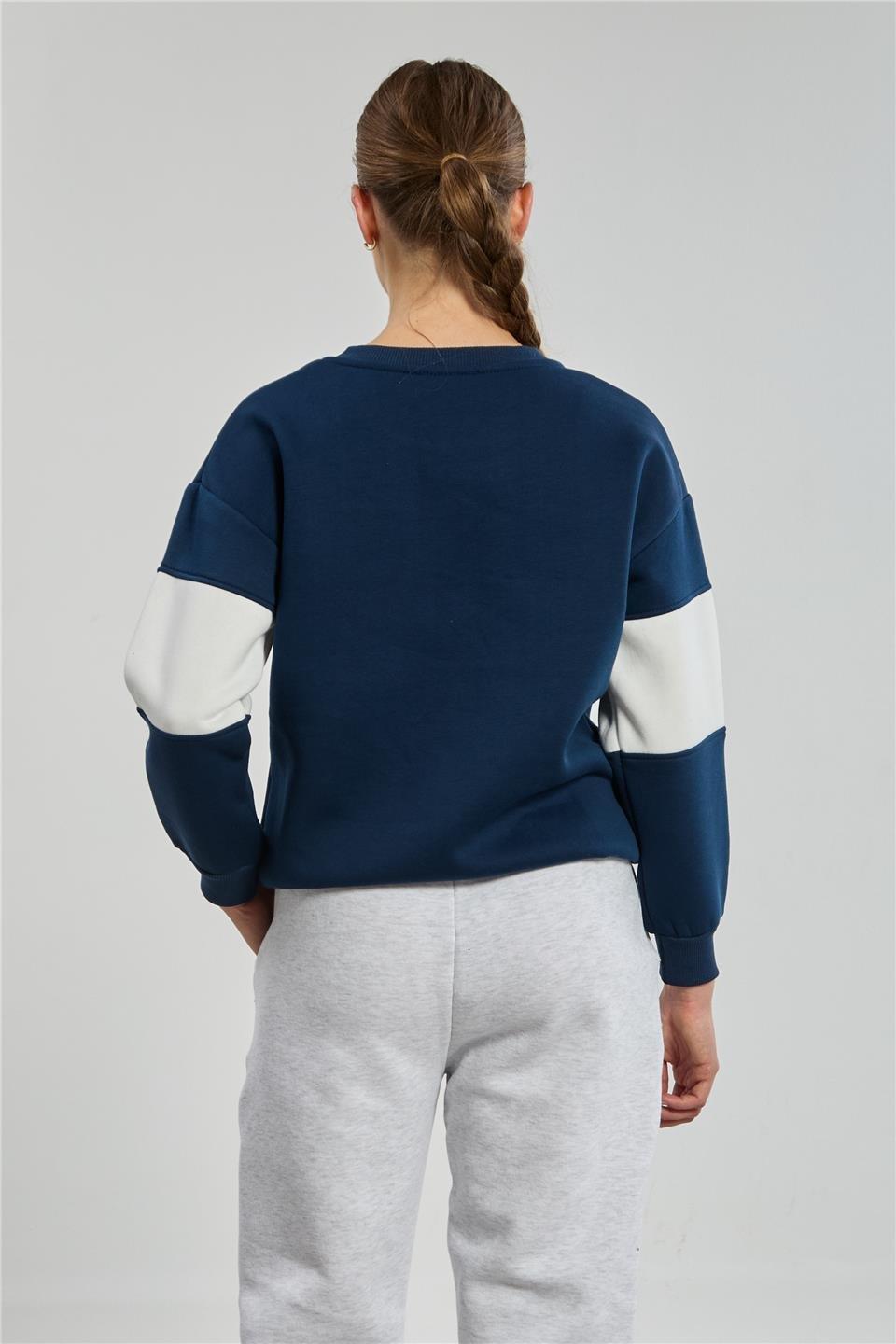 Renk garnili California baskılı sweatshirt-DVN0811 - Lacivert/Ekru