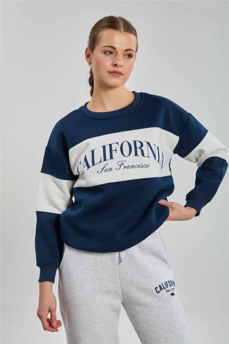 Renk garnili California baskılı sweatshirt-DVN0811 - Lacivert/Ekru