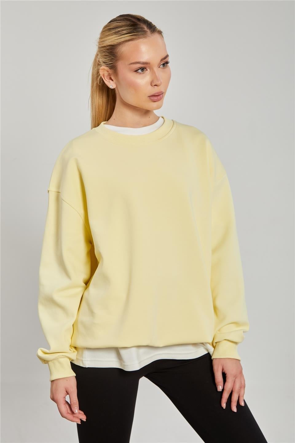 Ribanalı bisiklet yaka oversize sweatshirt-10729 - Sarı