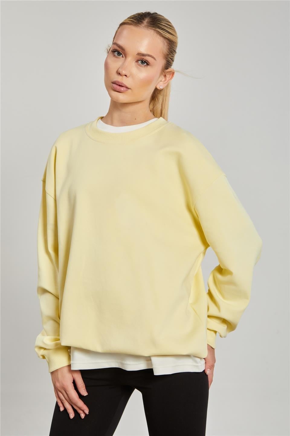 Ribanalı bisiklet yaka oversize sweatshirt-10729 - Sarı