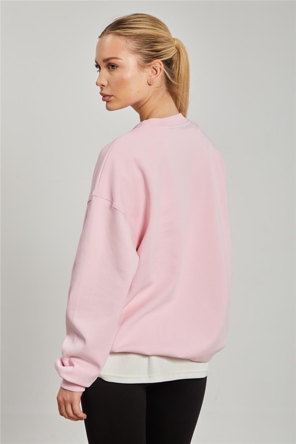 Ribanalı bisiklet yaka oversize sweatshirt-10729 - Toz Pembe