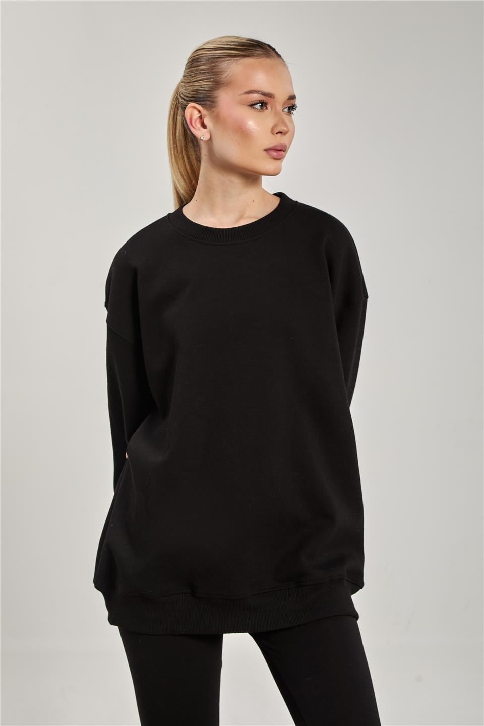 Ribanalı bisiklet yaka oversize sweatshirt-10729 - Siyah