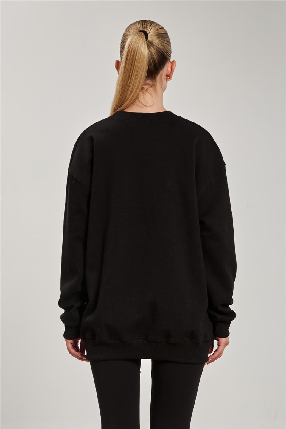 Ribanalı bisiklet yaka oversize sweatshirt-10729 - Siyah