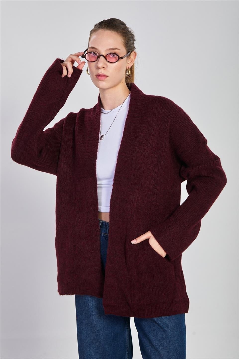 Şal yaka cepli triko hırka-H100082 - Bordo