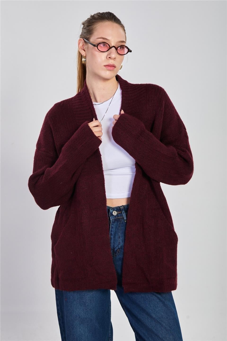 Şal yaka cepli triko hırka-H100082 - Bordo