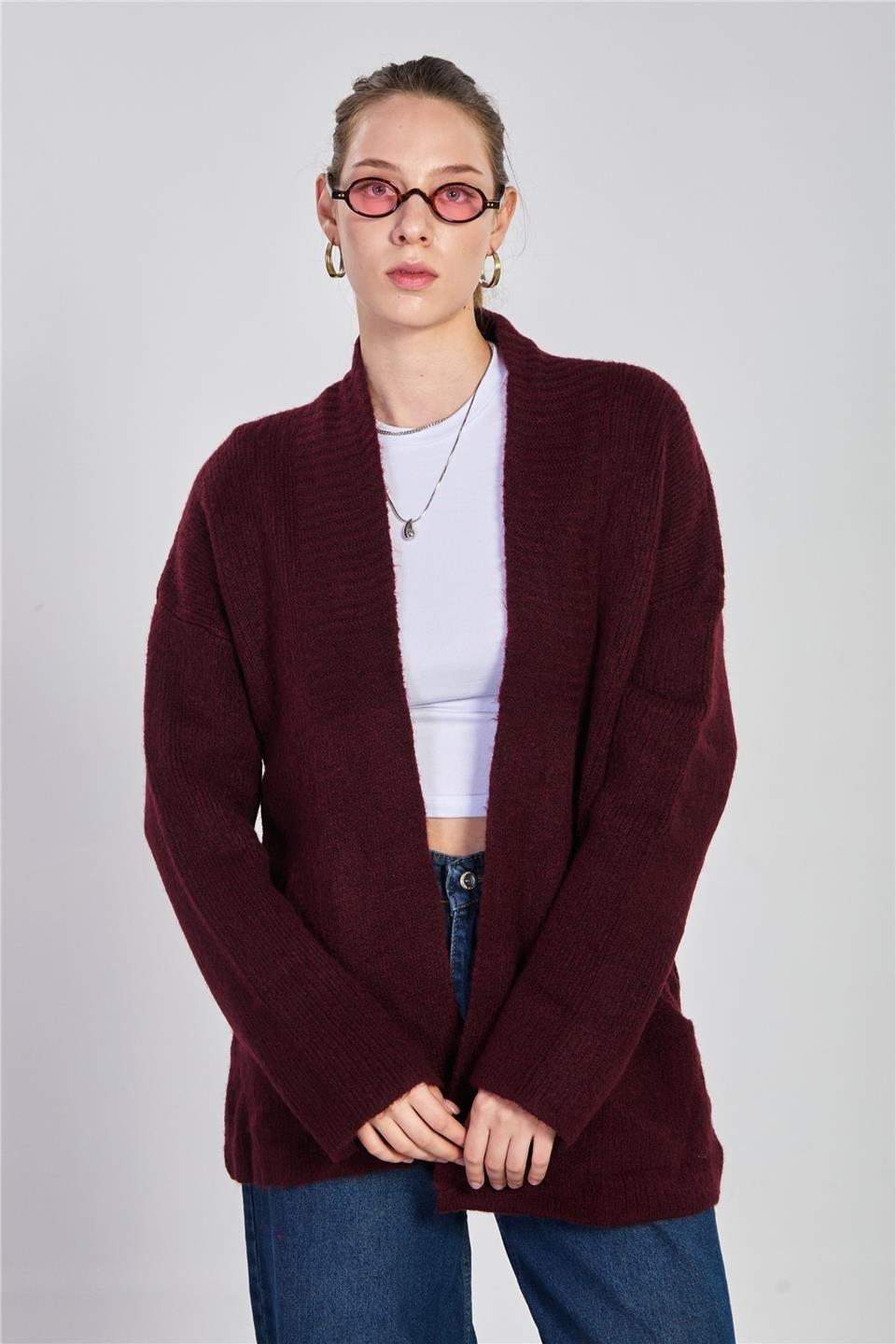 Şal yaka cepli triko hırka-H100082 - Bordo