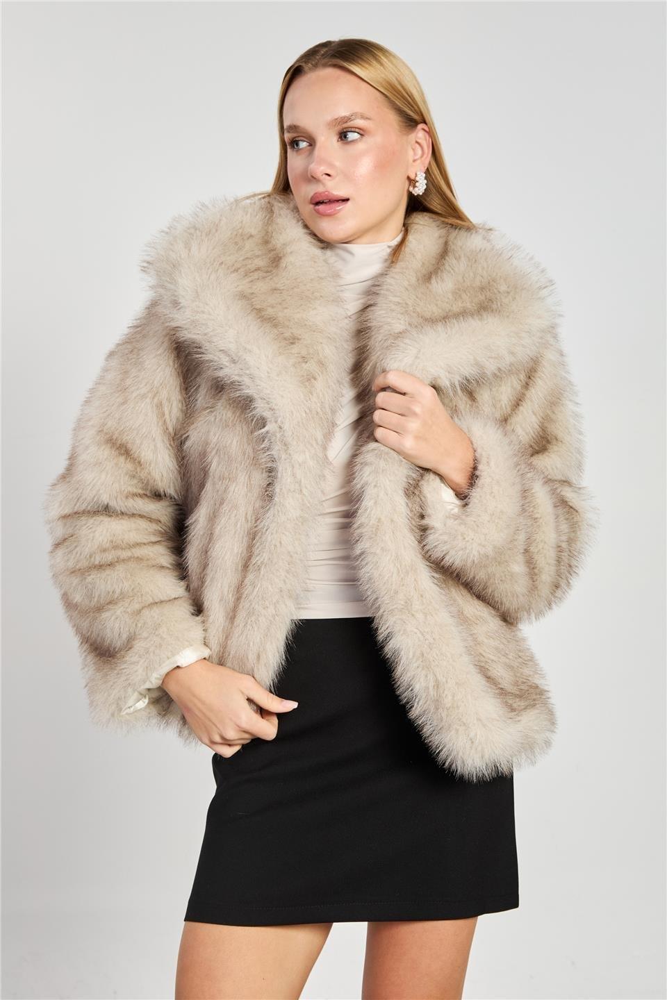 Şal yaka peluş mont-2770 - Bej