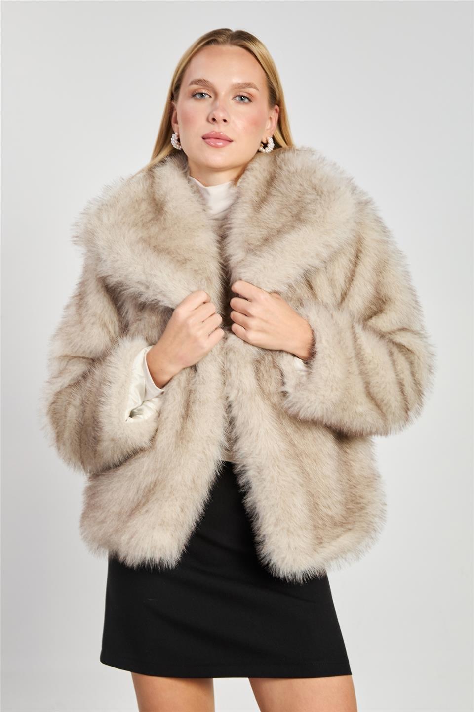 Şal yaka peluş mont-2770 - Bej