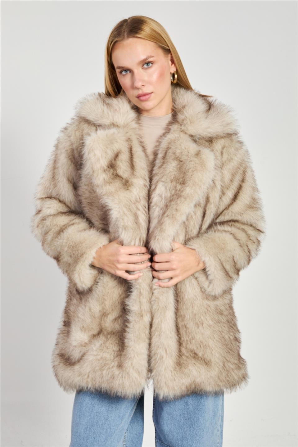 Şal yaka uzun peluş mont-2771 - Bej