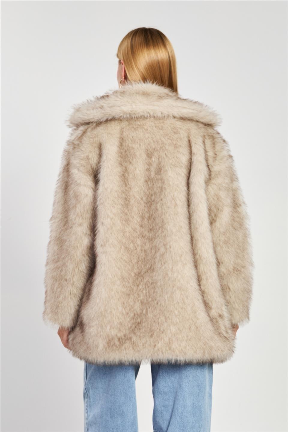 Şal yaka uzun peluş mont-2771 - Bej