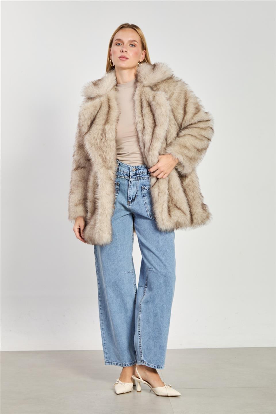 Şal yaka uzun peluş mont-2771 - Bej