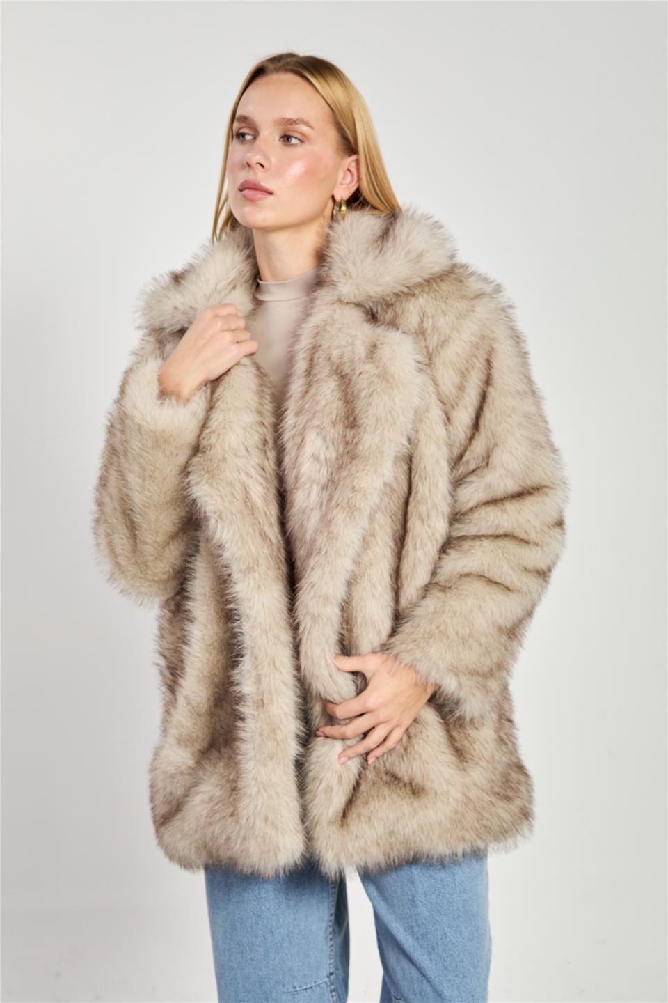 Şal yaka uzun peluş mont-2771 - Bej